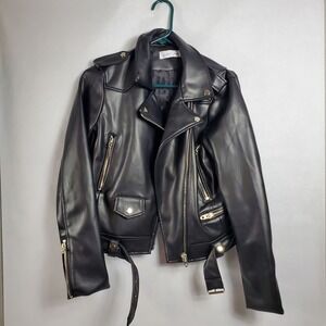 Petal‎ + Pup Black Faux Leather Moto Jacket Zip Pockets Belted Womens Medium